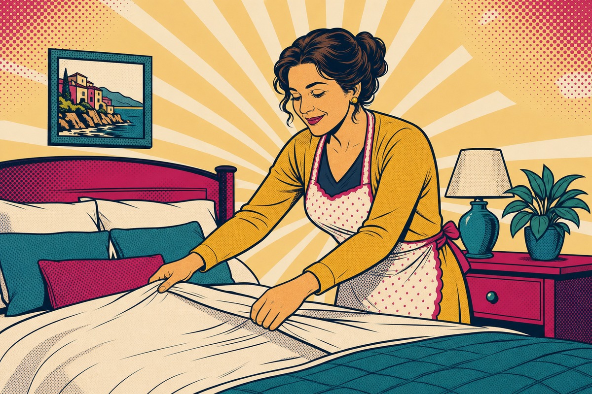 Illustrazione: una mamma rifà il letto con cura davanti alla finestra aperta e alla luce del mattino, primo piccolo gesto che dà il tono alla giornata