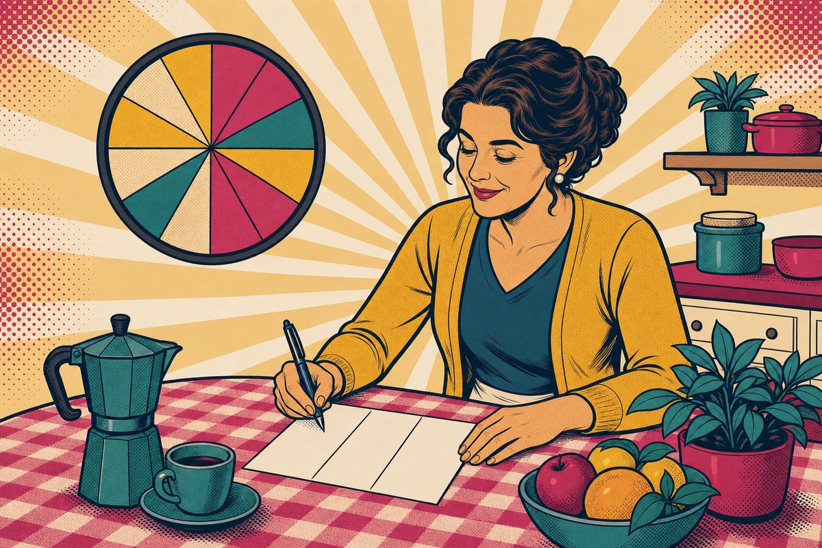 Illustrazione: una mamma annota su un foglio a tre colonne come ha speso ogni ora, accanto a un orologio con le ore colorate a spicchi come una torta del tempo