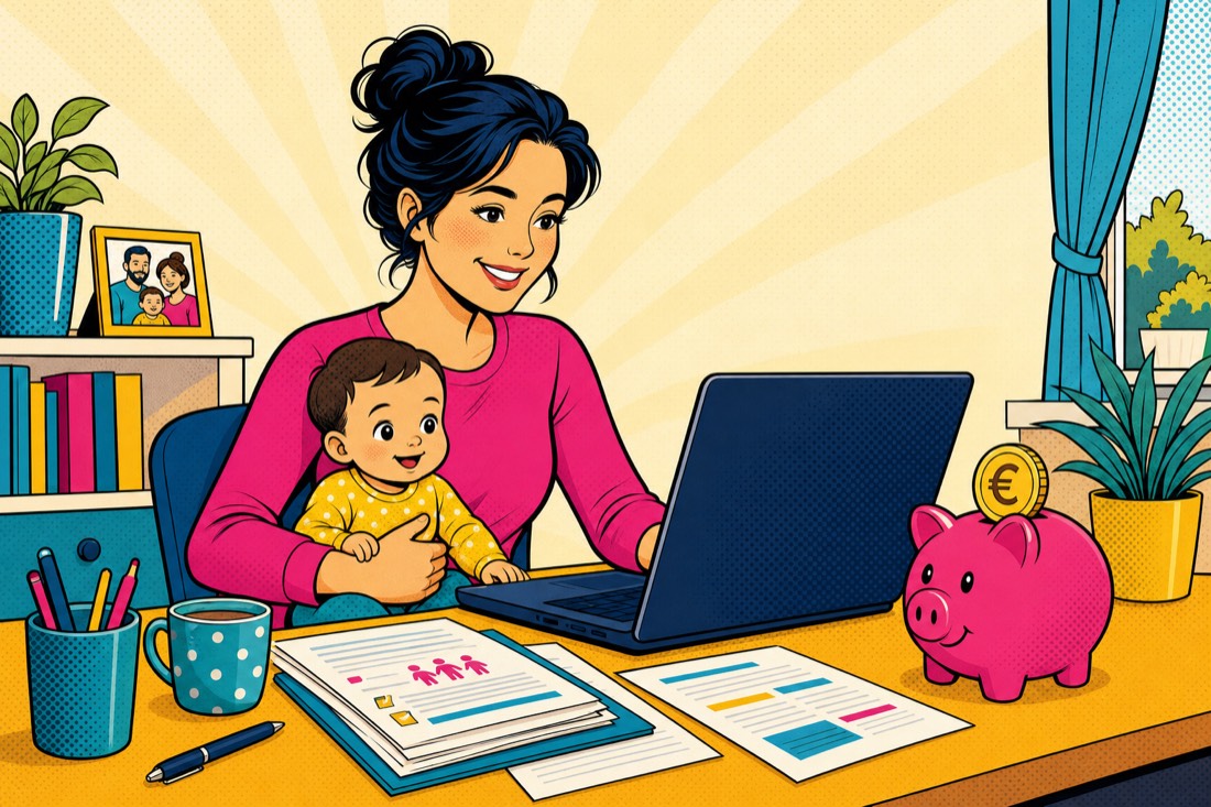 Illustrazione: un genitore compila la domanda al computer, con documenti e un salvadanaio