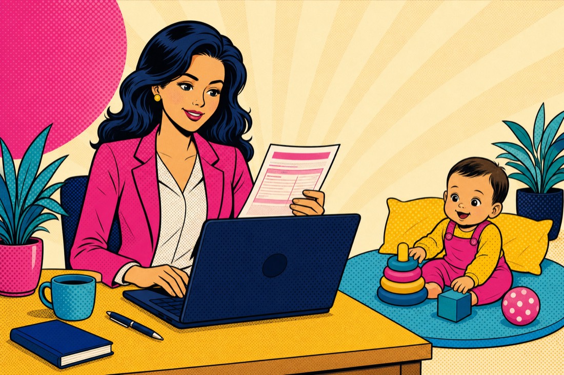 Illustrazione: una mamma lavora al computer mentre il bambino gioca accanto a lei