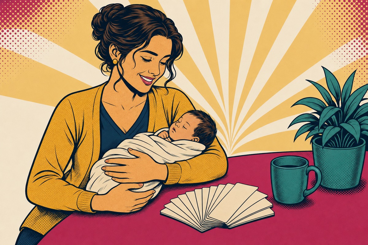 Illustrazione: un genitore con un neonato in braccio e, accanto, le tessere dei bonus per la famiglia