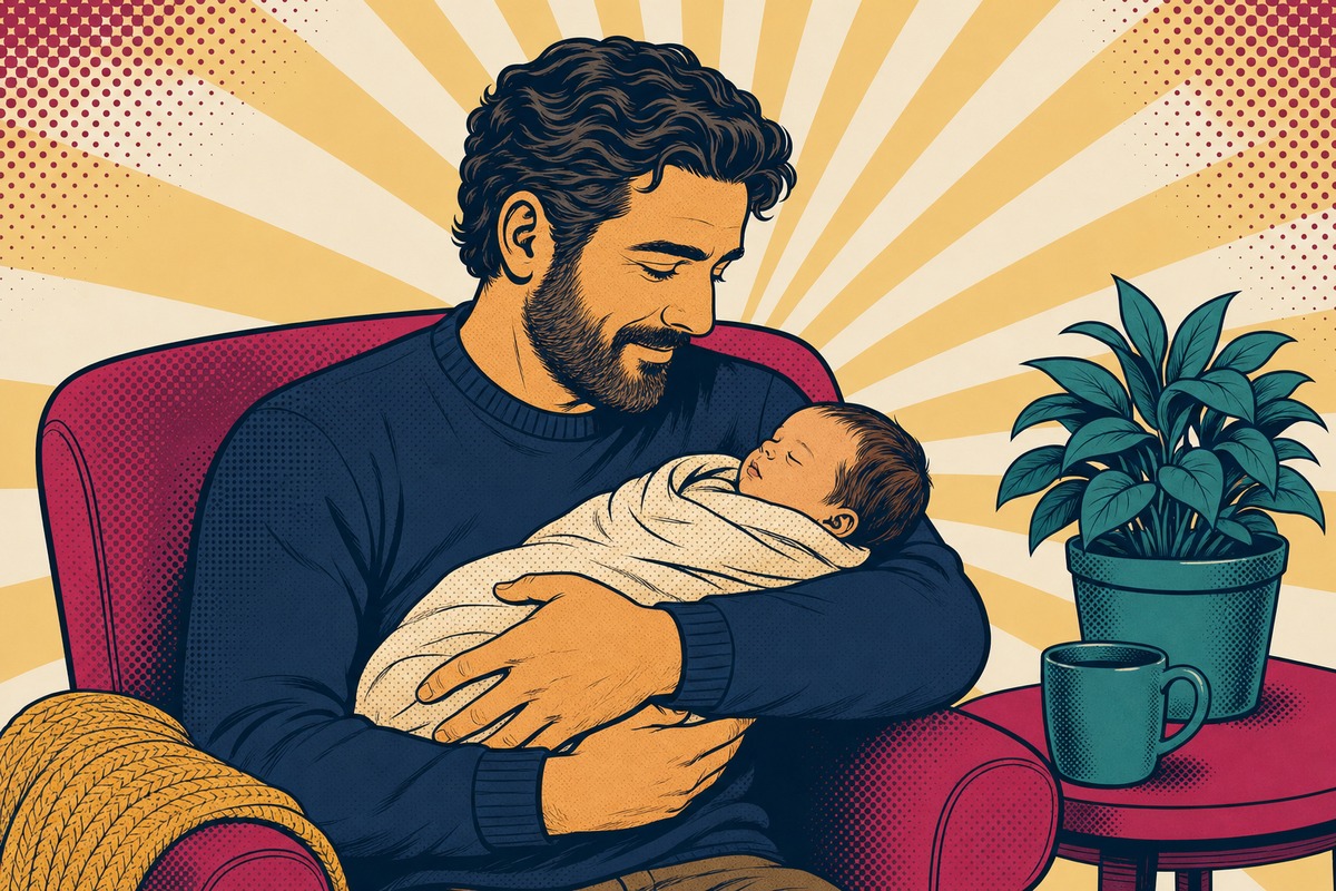 Illustrazione: un genitore tiene in braccio un neonato e ne osserva il respiro