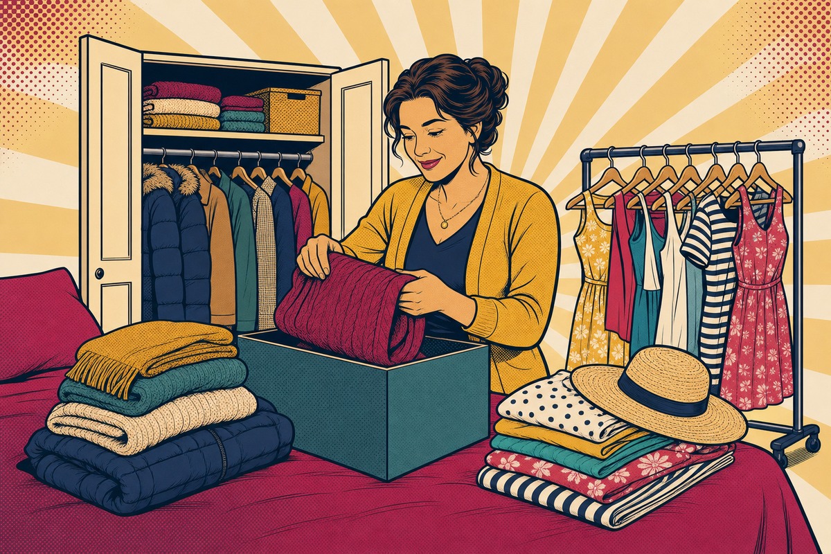Illustrazione: una mamma davanti all'armadio spalancato divide i capi in due mucchi stagionali, ripone i maglioni invernali in una scatola e appende i vestiti estivi leggeri sulle grucce