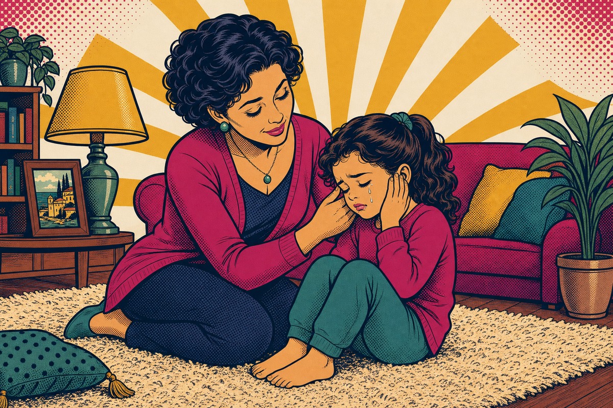 Illustrazione: un genitore si abbassa all'altezza di un bambino piccolo che piange seduto a terra, restando calmo e vicino