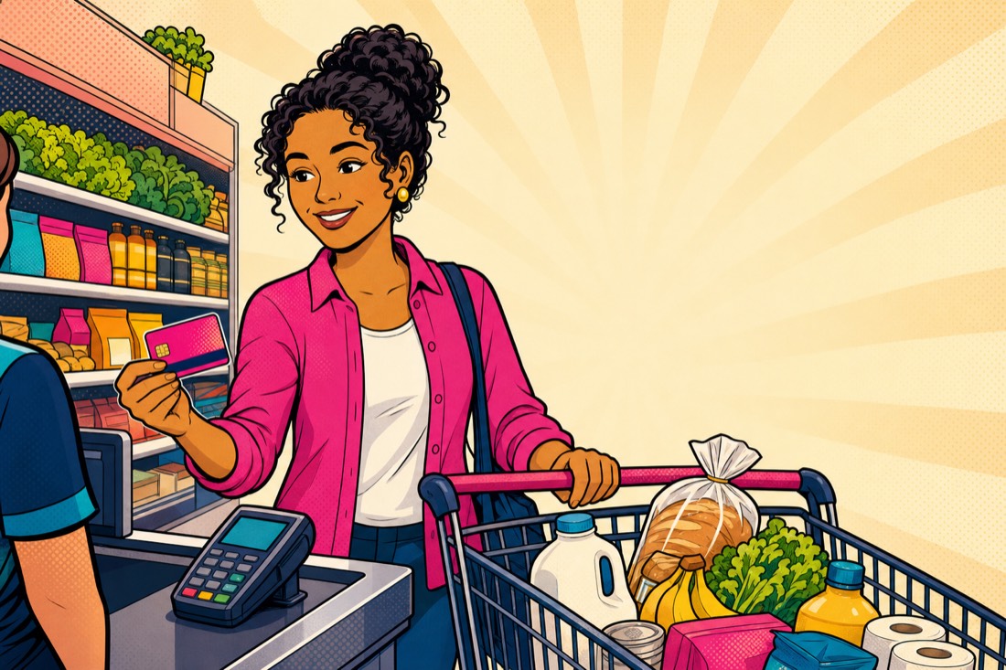 Illustrazione: un genitore alla cassa del supermercato con una carta prepagata e la spesa