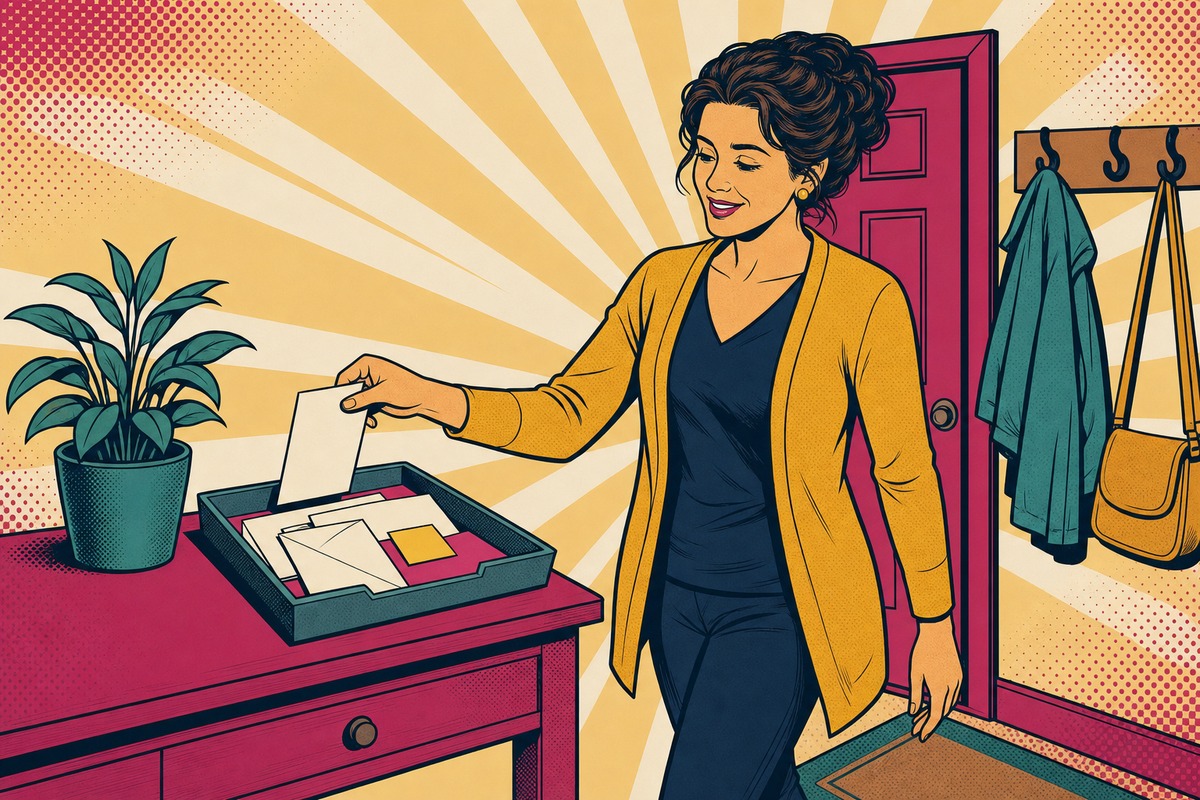 Illustrazione: un unico cestino portadocumenti sul mobile d'ingresso raccoglie posta, foglietti e post-it che arrivano da ogni parte, mentre la mamma vi lascia cadere un promemoria