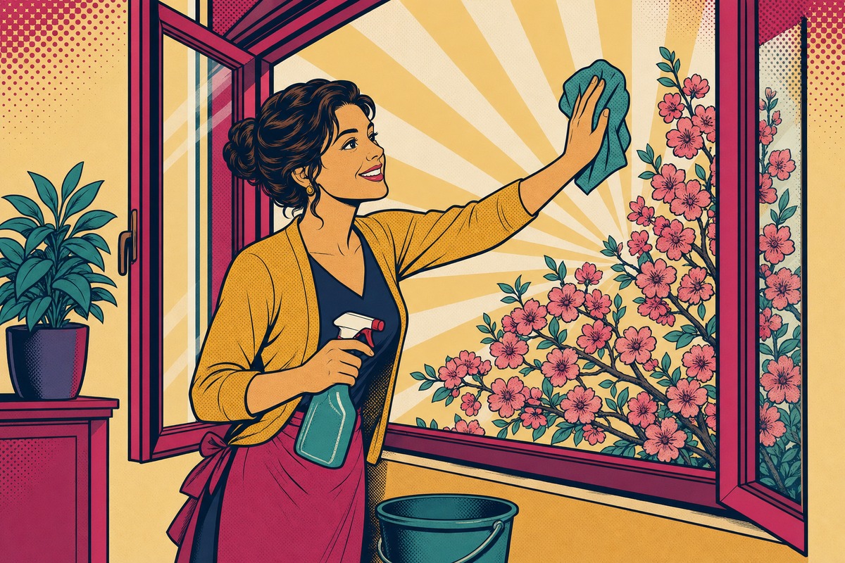 Illustrazione: una mamma spalanca le finestre e pulisce i vetri con spruzzino e panno, il secchio ai piedi e rami fioriti che si affacciano dall'esterno