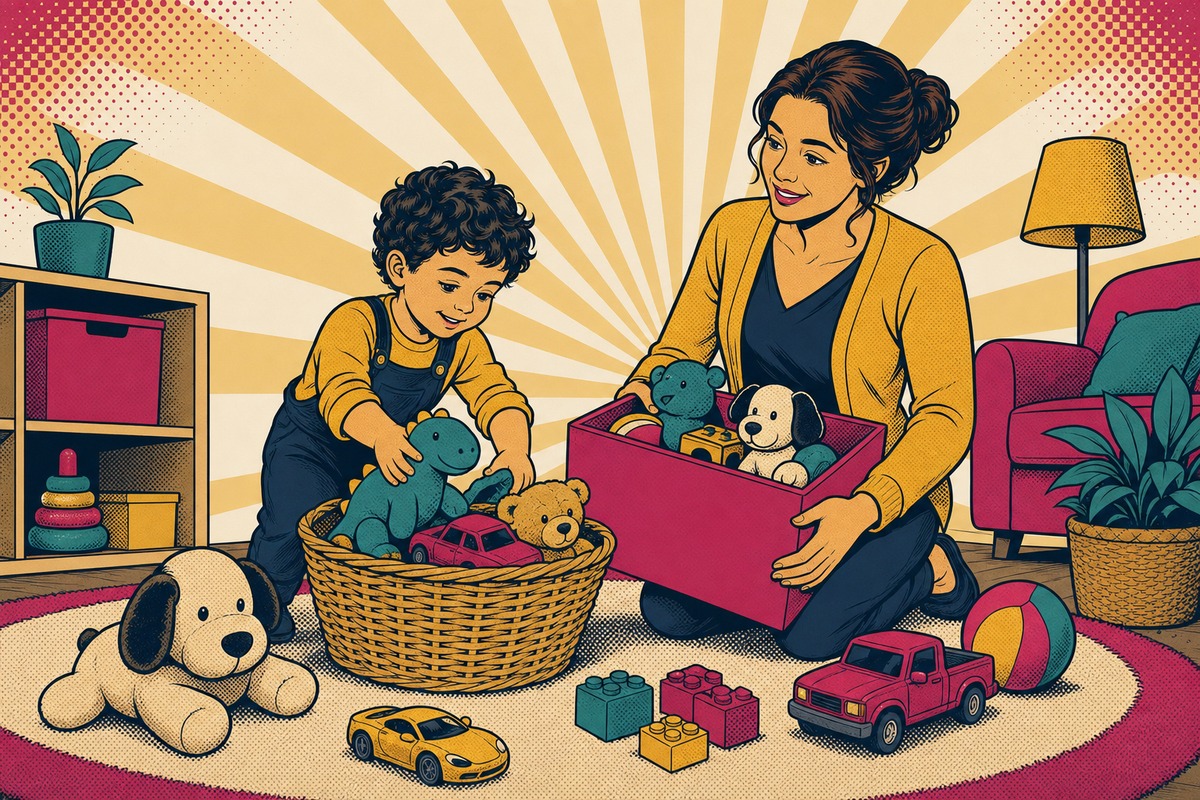 Illustrazione: un bambino ripone i giocattoli in un cesto di vimini mentre la mamma accanto regge la scatola dei giochi da donare, con peluche e macchinine sparsi sul tappeto