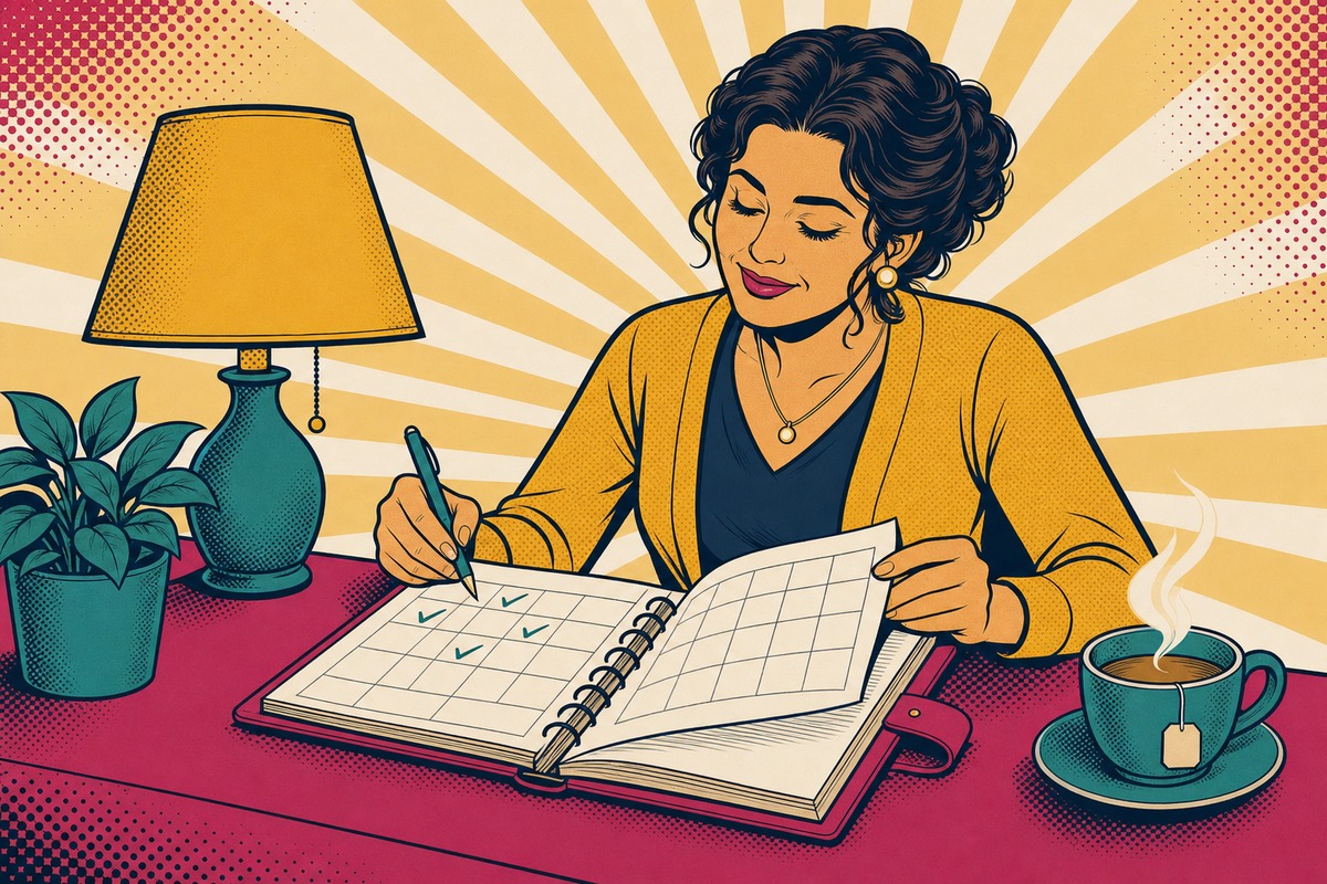 Illustrazione: la domenica sera, a tavola con una tisana, una mamma rivede il planner settimanale, spunta gli impegni chiusi e riporta quelli nuovi sulla settimana successiva