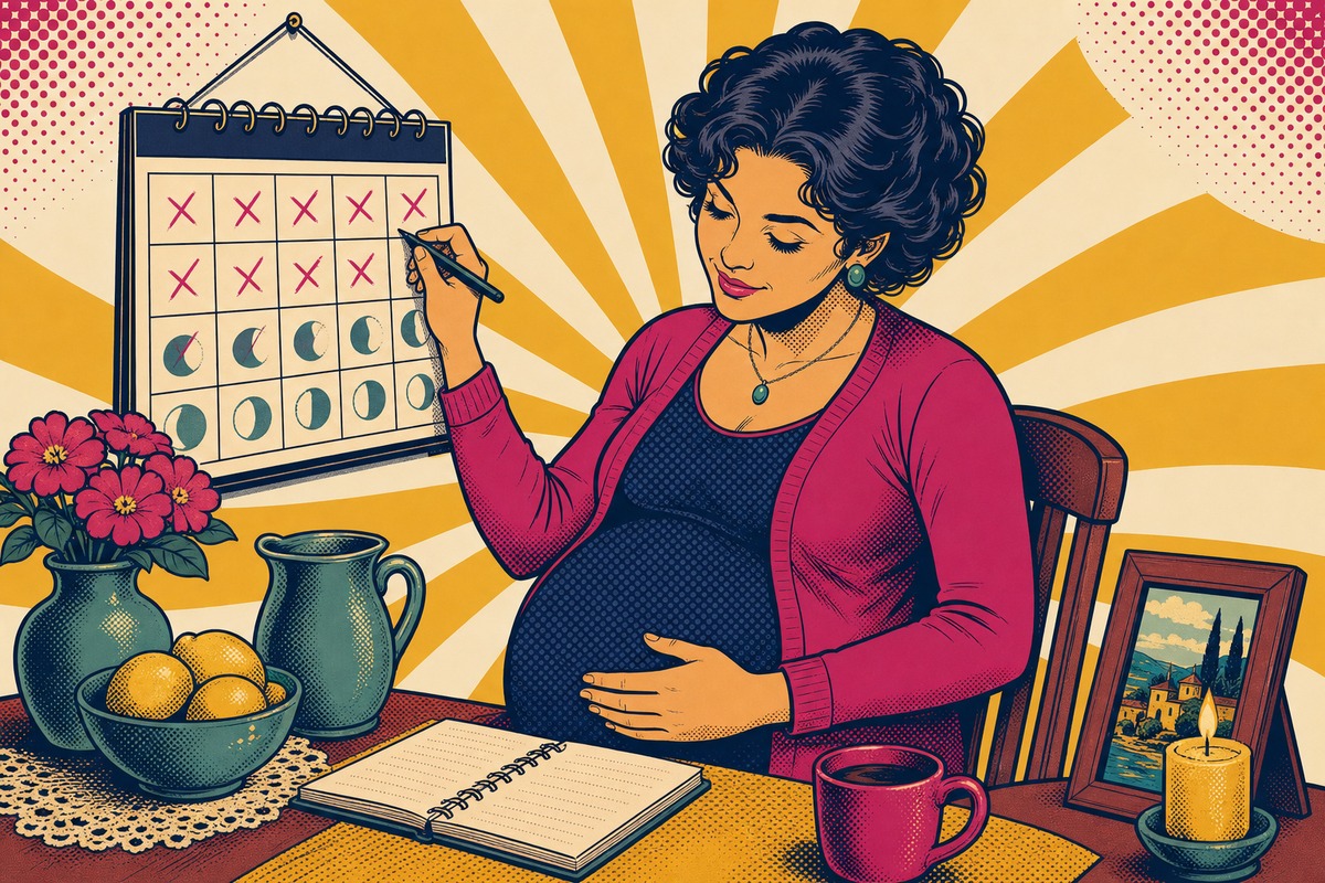 Illustrazione: una donna incinta segna su un calendario i mesi prima e dopo il parto