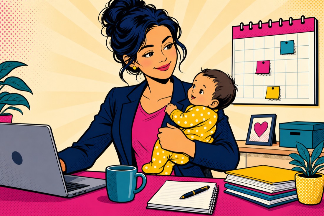 Illustrazione: un genitore con il bambino in braccio accanto a calendario e computer