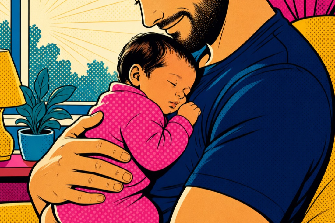 Illustrazione: un papà tiene in braccio il neonato accanto alla finestra