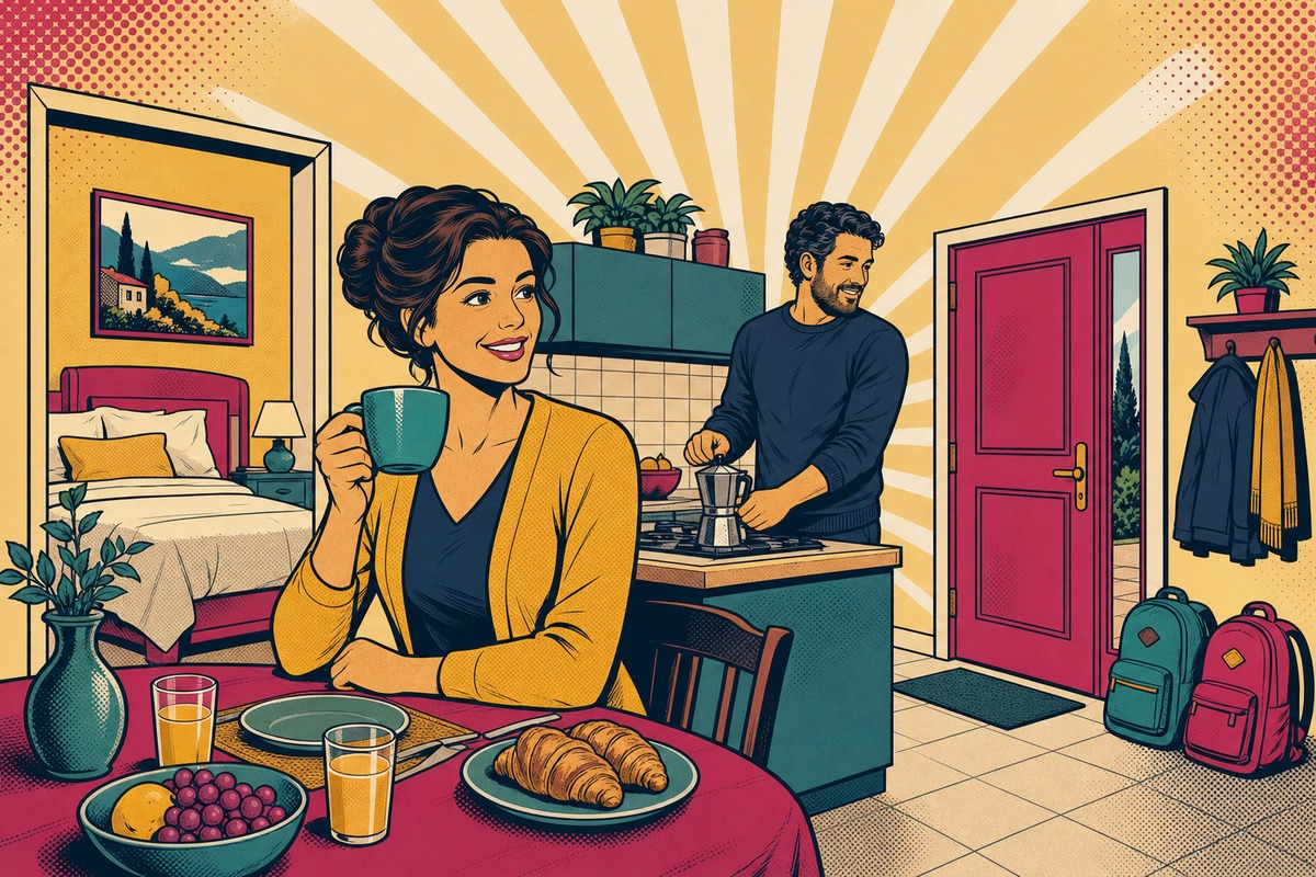 Illustrazione: una mattina che scorre liscia e ripetibile, la mamma con la tazza di caffè, il letto già rifatto sullo sfondo, la colazione in tavola e gli zaini dei bambini allineati alla porta