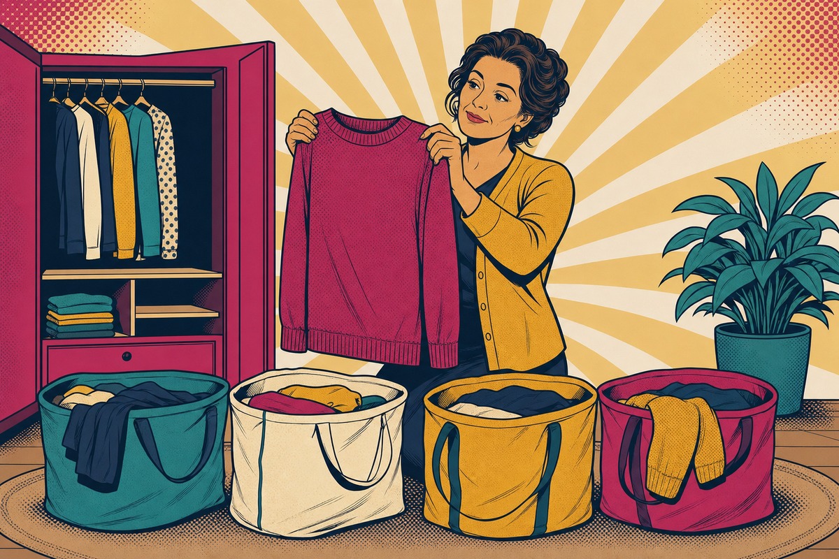Illustrazione: una mamma osserva un maglione tenendolo davanti a sé per decidere se tenerlo, circondata da quattro sacchi per lo smistamento, con l'armadio a metà svuotato alle spalle