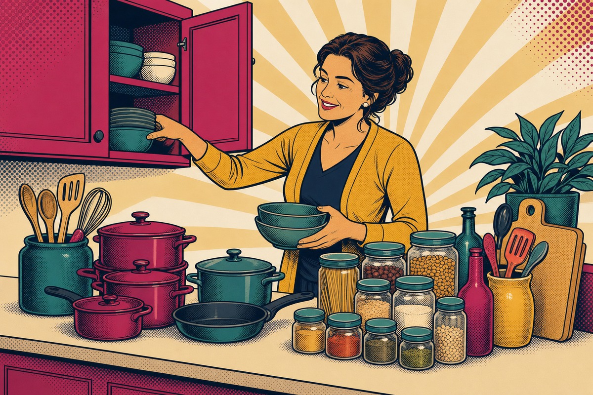 Illustrazione: una mamma svuota le ante della cucina e allinea sul piano di lavoro pentole, barattoli della dispensa e utensili, raggruppati per categoria