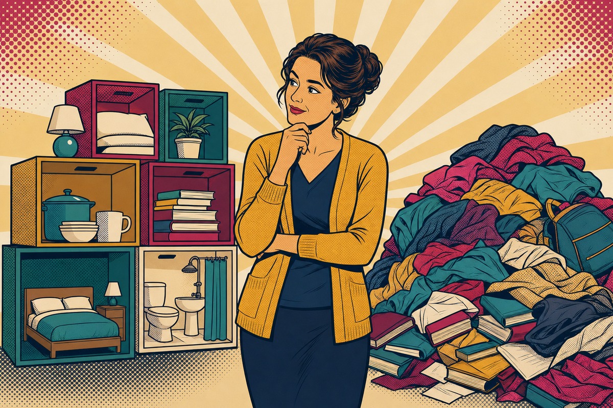 Illustrazione: due metodi a confronto, da un lato scatoloni impilati stanza per stanza, dall'altro un unico grande mucchio di vestiti e libri radunati da tutta la casa, con una mamma nel mezzo