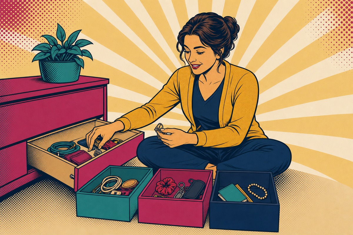 Illustrazione: un genitore seduto sul pavimento svuota un solo cassetto e smista gli oggetti in tre scatole affiancate, una per conservare, una per donare e una per buttare