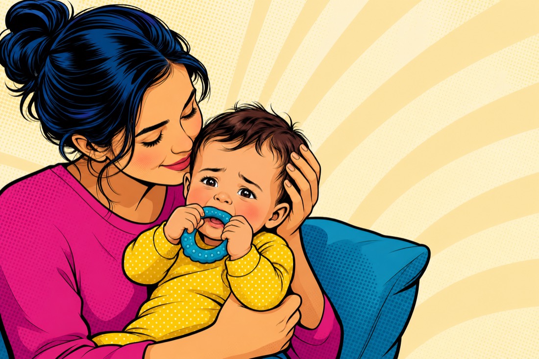 Illustrazione: un genitore consola il bambino che morde un anello da dentizione