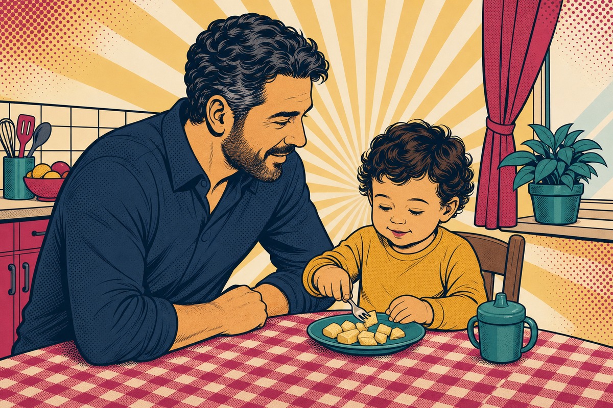 Illustrazione: un genitore vicino al bambino seduto a tavola, attento e pronto a intervenire