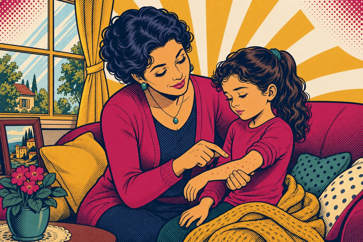 Illustrazione: un genitore osserva con calma le macchioline sul braccio di un bambino seduto sul divano