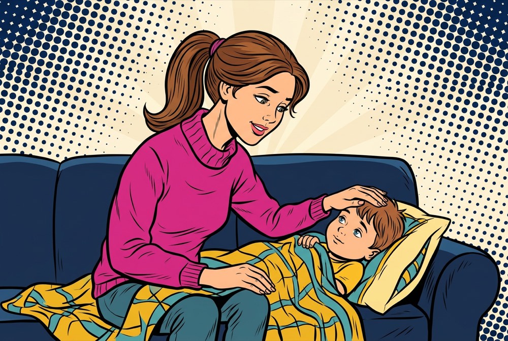 Illustrazione: una mamma controlla con la mano la fronte del bambino che riposa sul divano