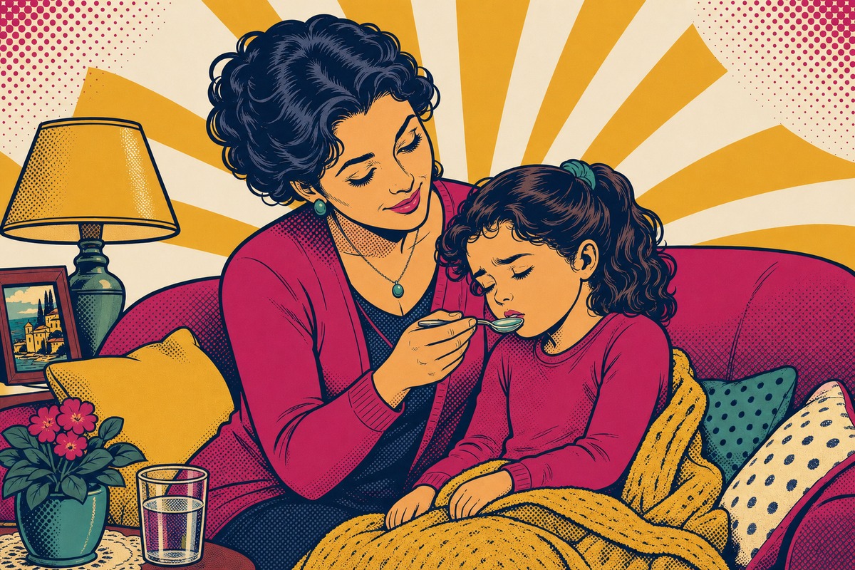 Illustrazione: un genitore offre da bere a piccoli sorsi con un cucchiaino a un bambino appoggiato sul divano