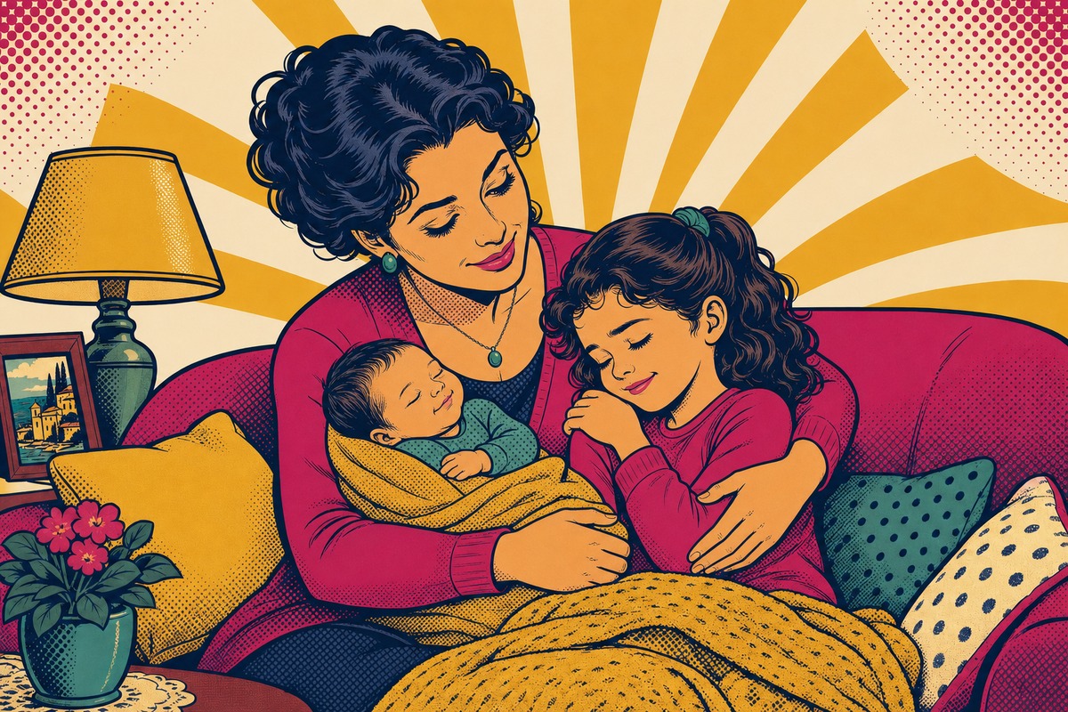 Illustrazione: un genitore tiene in braccio il neonato mentre abbraccia il bambino più grande, tutti e tre sereni sul divano
