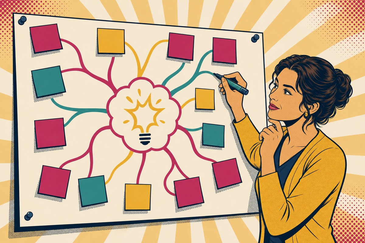 Illustrazione: un grande foglio con un'idea centrale cerchiata da cui si diramano rami colorati e post-it, mentre la mamma aggiunge un nuovo ramo con il pennarello