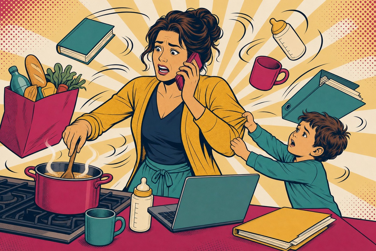 Illustrazione: una mamma sopraffatta tenta tutto insieme, telefono all'orecchio, pentola sul fuoco, laptop aperto e un figlio che la chiama, con gli oggetti che le vorticano intorno