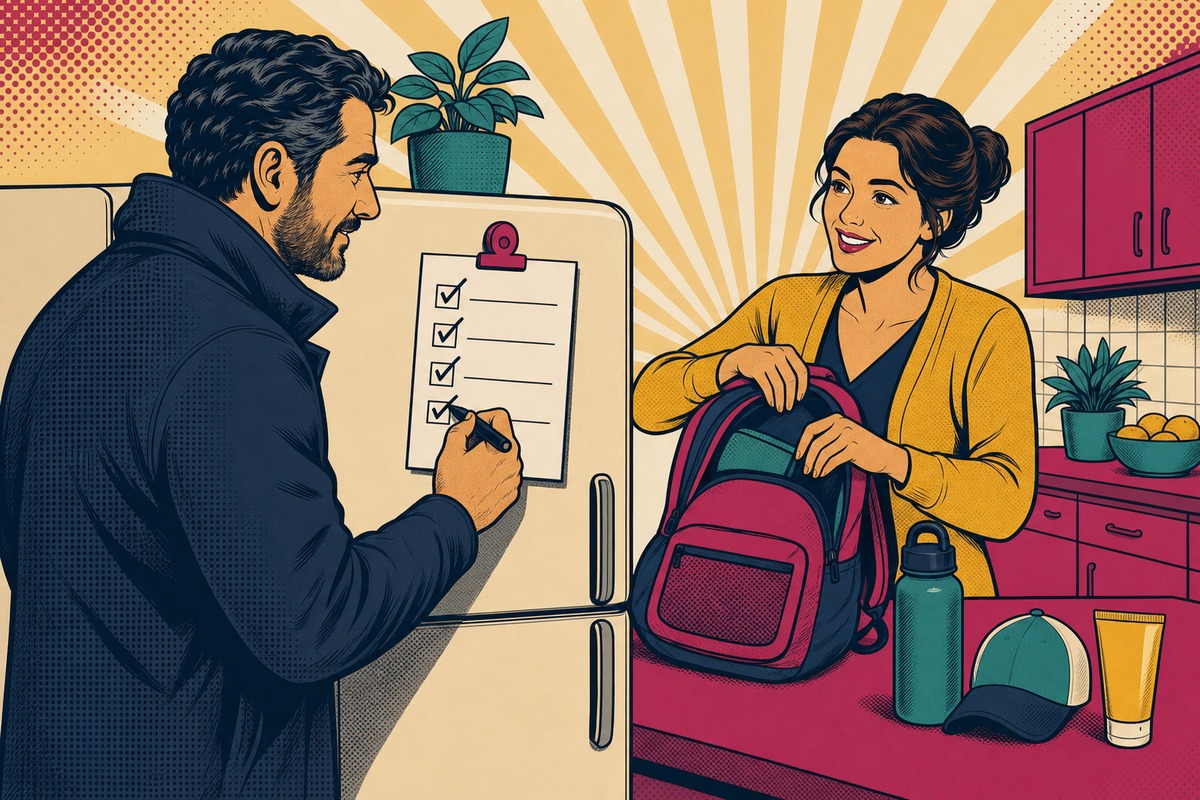 Illustrazione: una mano spunta le voci di una checklist appesa alla lavagna magnetica della cucina mentre prepara lo zaino della gita, con borraccia, cappellino e crema solare allineati