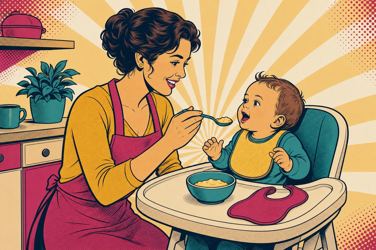 Illustrazione: un genitore propone un cucchiaino di uovo ben cotto a un bambino seduto sul seggiolone durante lo svezzamento