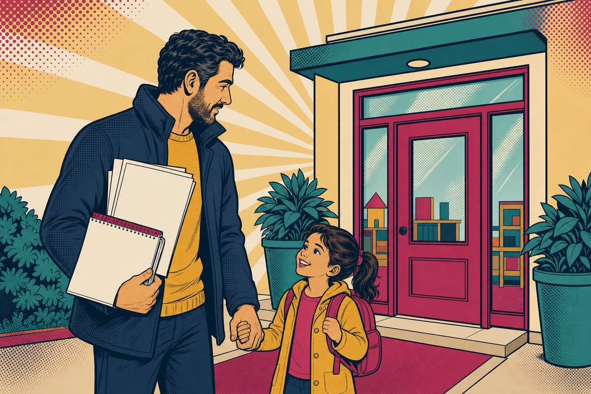Illustrazione: un genitore con il bambino davanti alla porta di un asilo nido, con moduli e calendario in mano