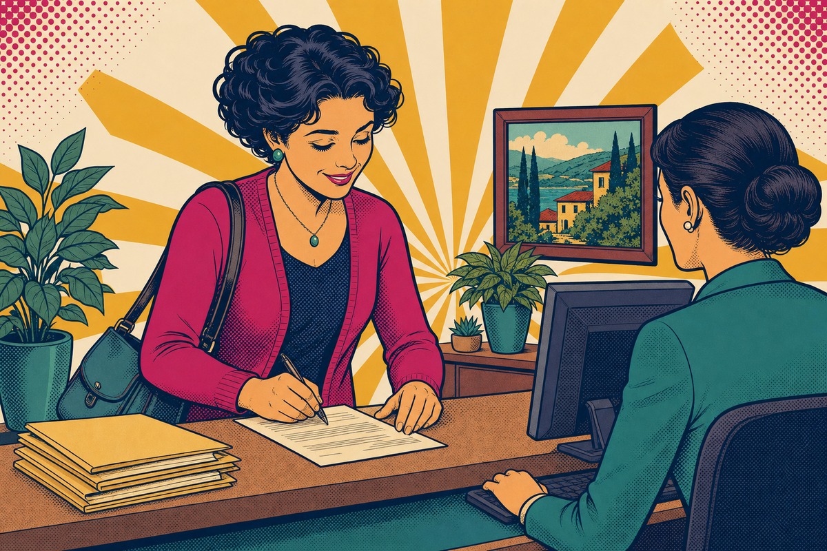 Illustrazione: un genitore al patronato aggiorna la DSU dopo la perdita del lavoro