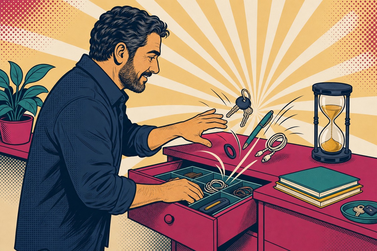 Illustrazione: un genitore in piedi rimette in ordine al volo un cassetto in pochi secondi, con una piccola clessidra accanto che scorre su due minuti
