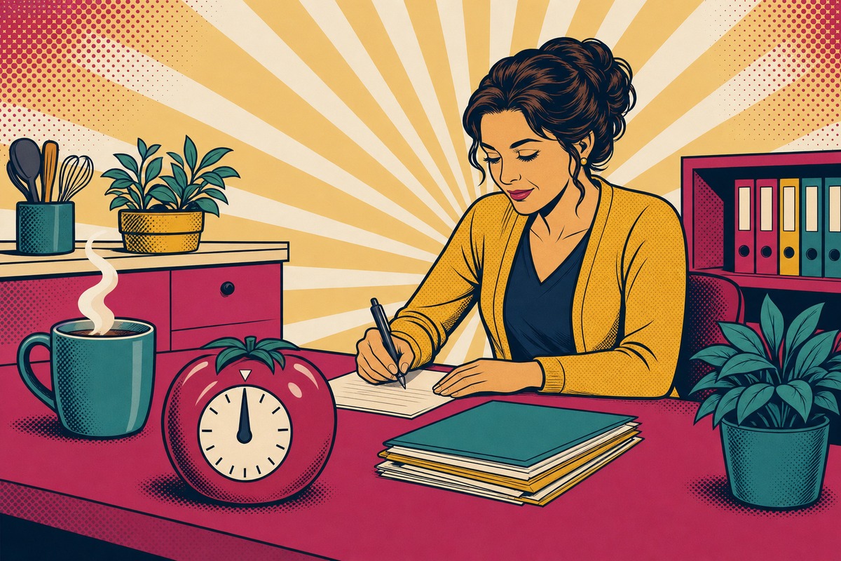 Illustrazione: un timer da cucina a forma di pomodoro che segna venticinque minuti accanto a una tazza fumante, mentre la mamma si concentra su un solo compito