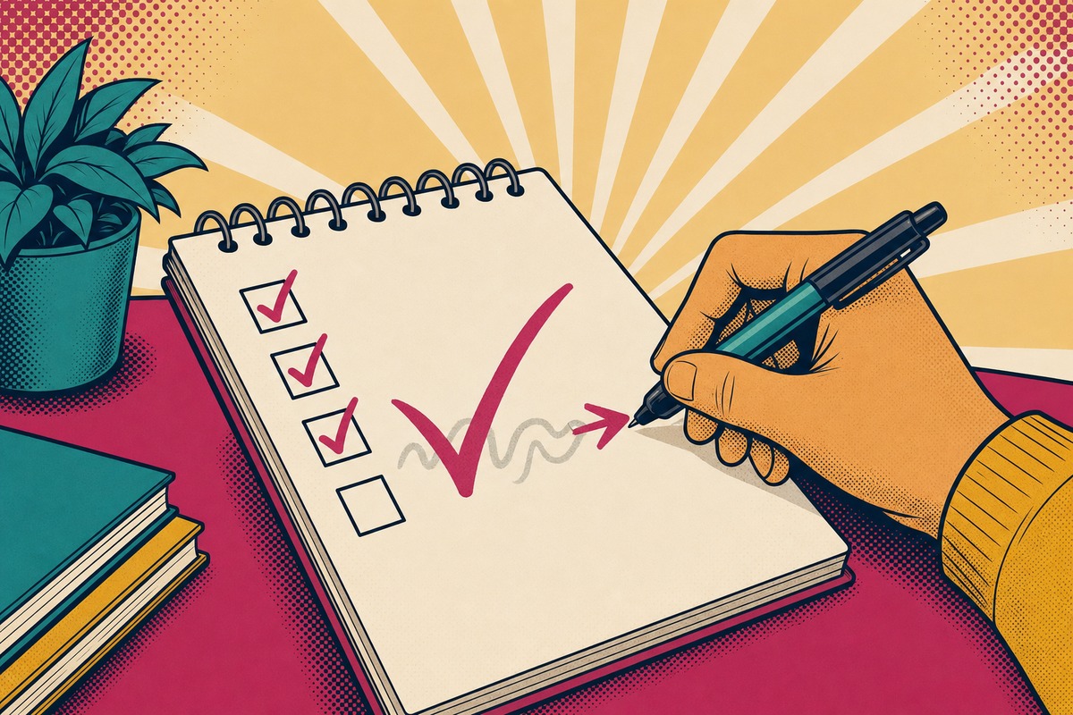Illustrazione: primo piano di un blocco note su cui una penna riscrive una voce vaga trasformandola in un'azione concreta che inizia con un verbo, con le caselle spuntate a fianco