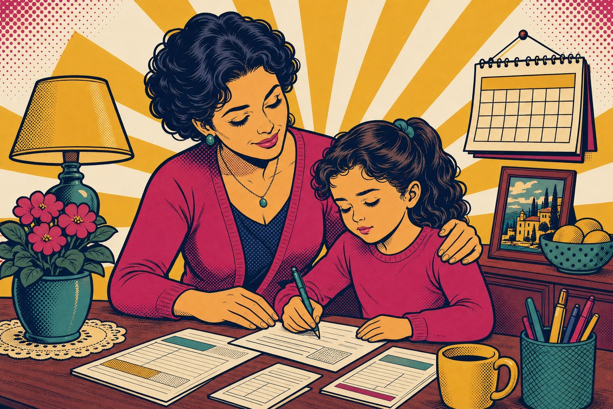 Illustrazione: un genitore e il suo bambino seduti a un tavolo con moduli e un calendario