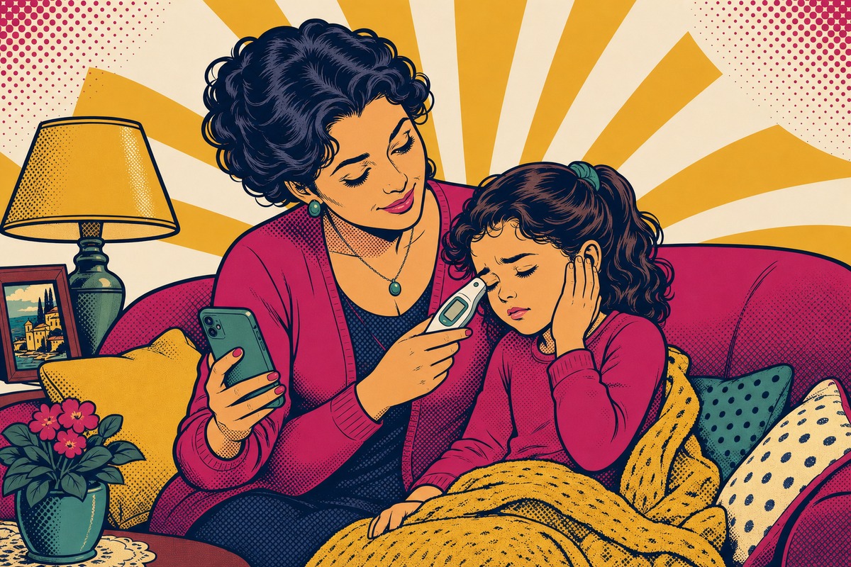 Illustrazione: un genitore misura la febbre al bambino sul divano, con il telefono in mano per chiamare il pediatra