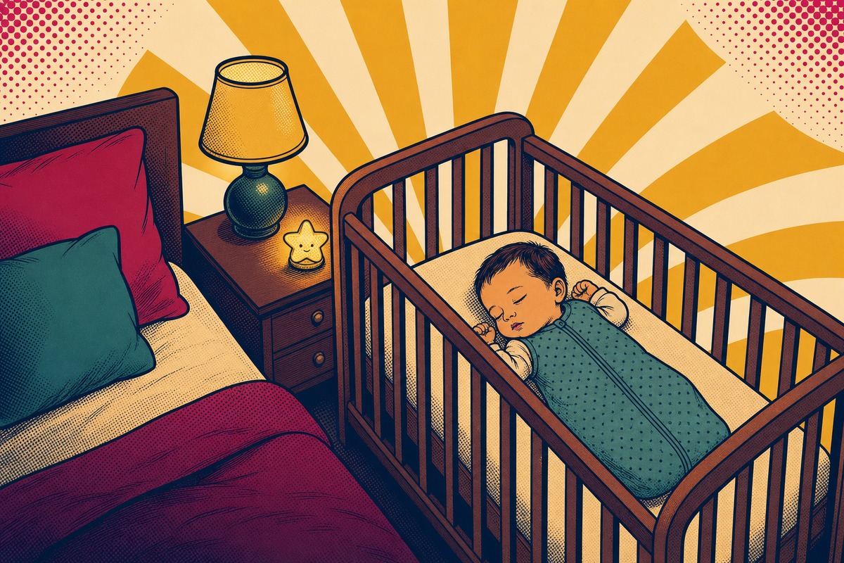 Illustrazione: un neonato dorme sereno a pancia in su nella sua culla, accanto al letto dei genitori