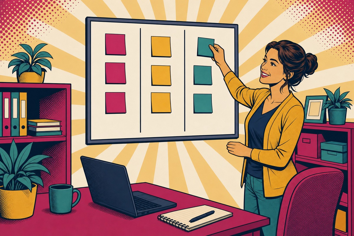Illustrazione: una lavagna kanban con tre colonne di post-it colorati per stato, da fare, in corso e fatto, e una mamma che sposta un biglietto alla colonna successiva