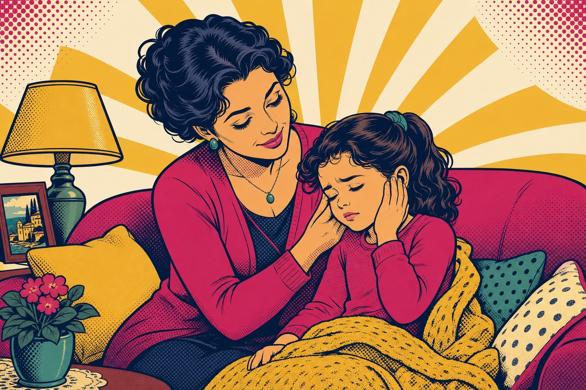 Illustrazione: un genitore consola un bambino che si tiene l'orecchio dolorante sul divano