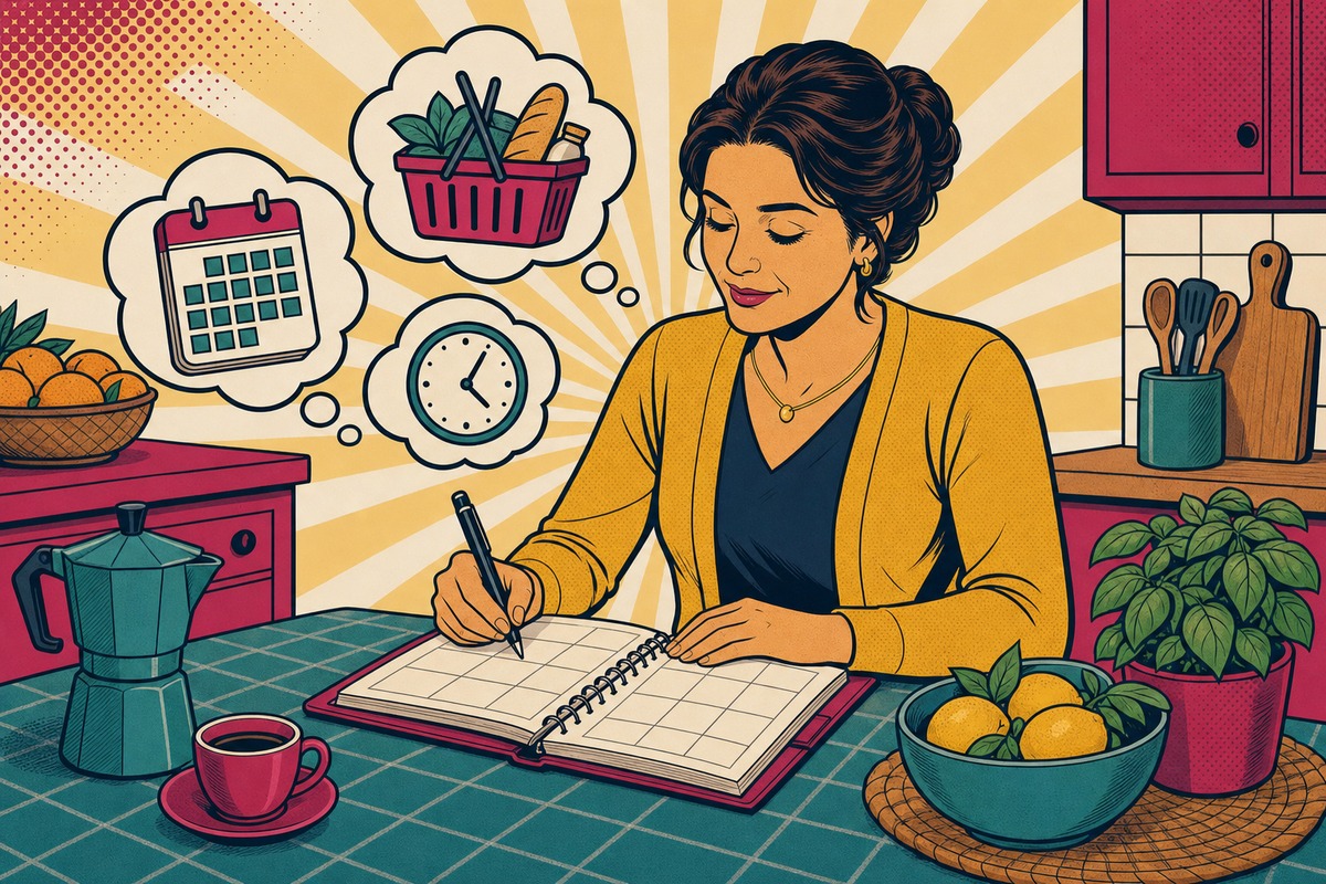 Illustrazione: una mamma scrive sul planner settimanale mentre dalla sua testa piccoli pensieri, visite, spesa e scadenze, volano a posarsi ordinati sulla pagina, alleggerendo la mente