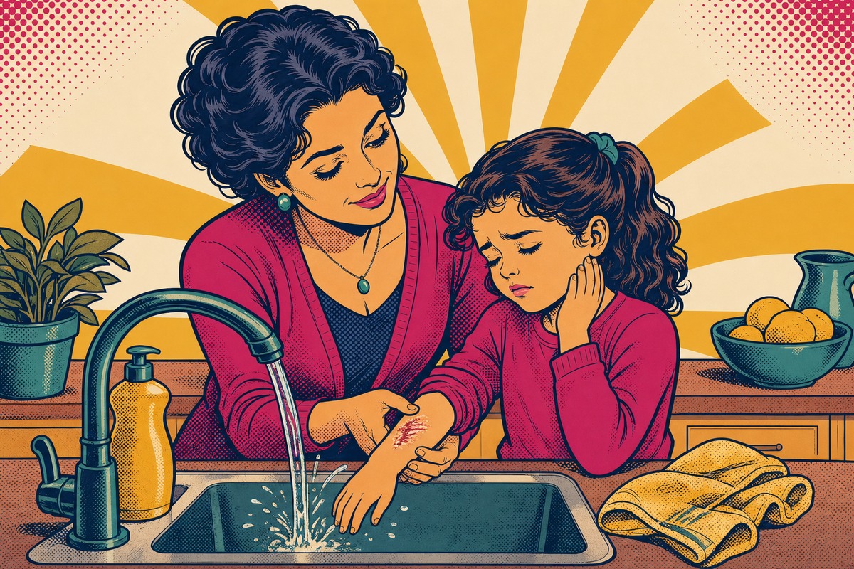 Illustrazione: un genitore raffredda con calma sotto l'acqua corrente la manina del bambino, vicino al lavandino di casa