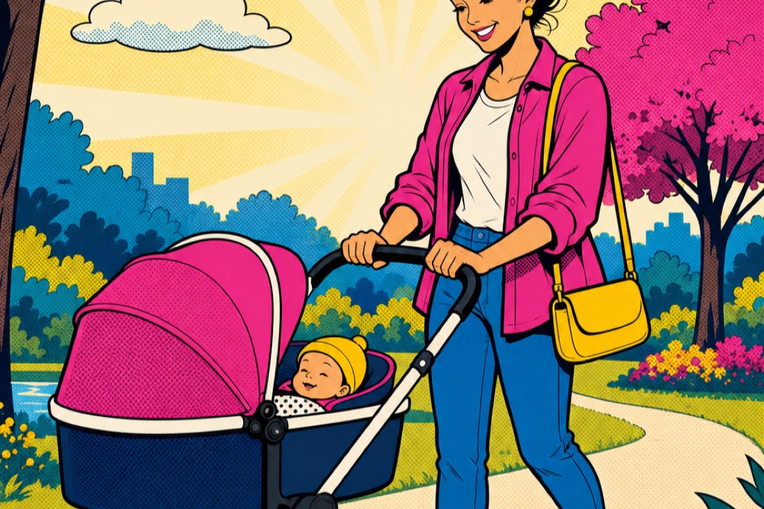 Illustrazione: un genitore spinge il passeggino al parco in una giornata di sole