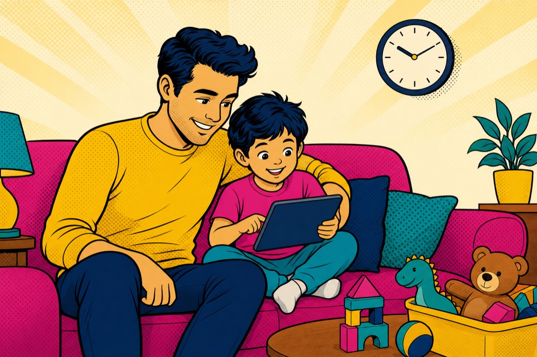 Illustrazione: un genitore e un bambino guardano un tablet insieme sul divano