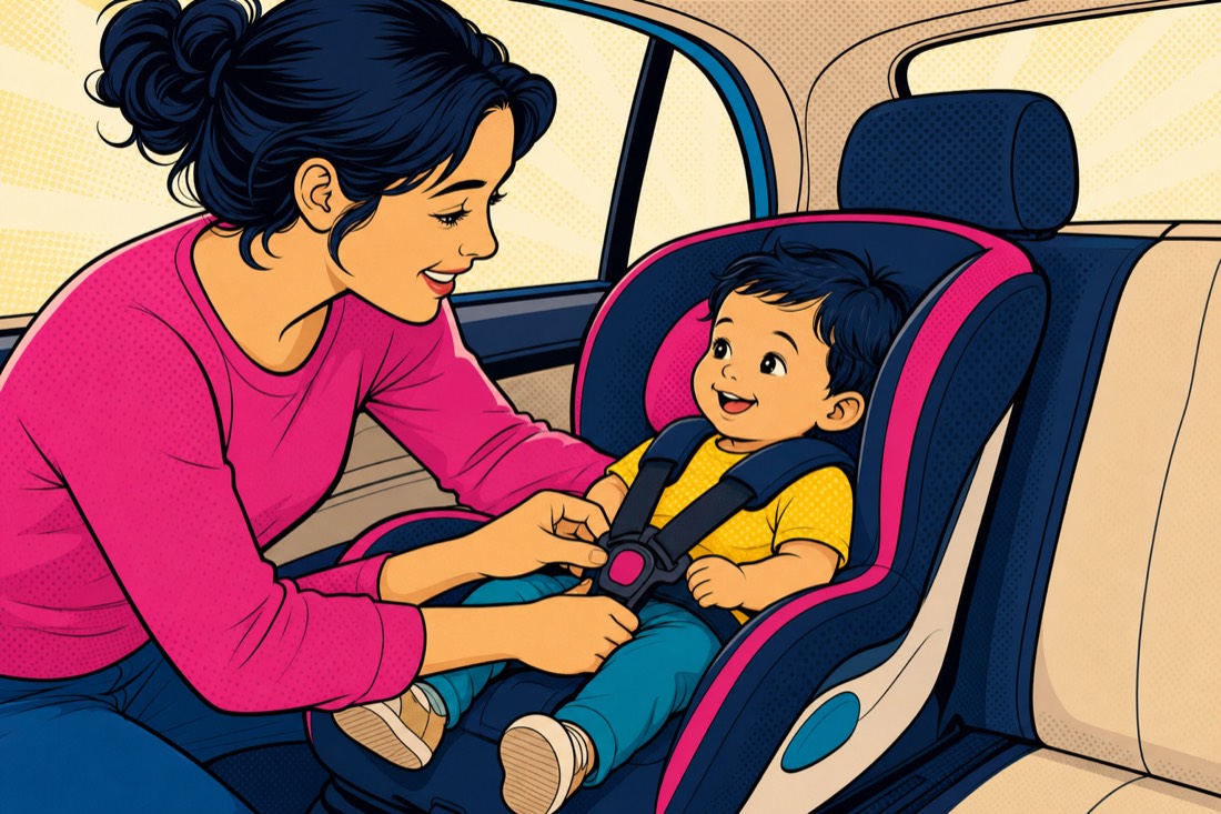 Illustrazione: un genitore allaccia il bambino nel seggiolino auto