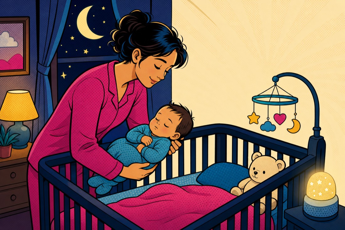 Illustrazione: un genitore mette a dormire il bambino nella culla, di sera