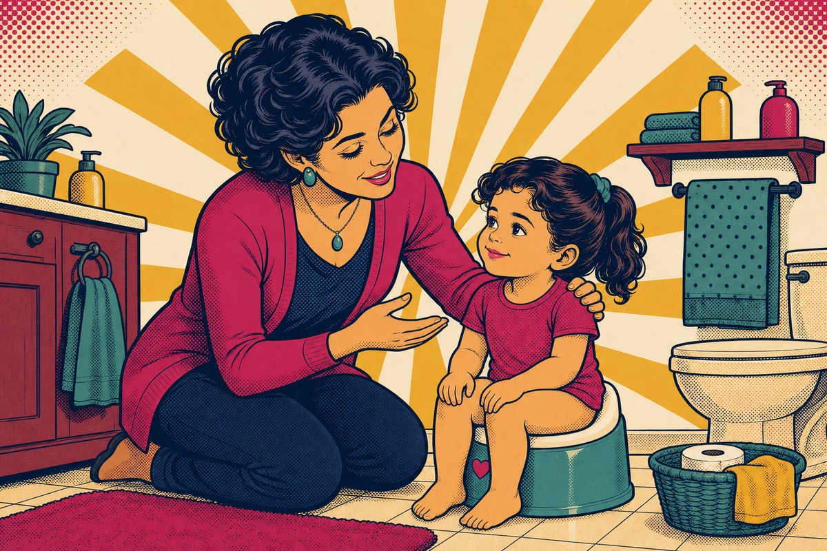 Illustrazione: un bambino sereno seduto sul vasino in bagno, con un genitore accanto che lo incoraggia con calma