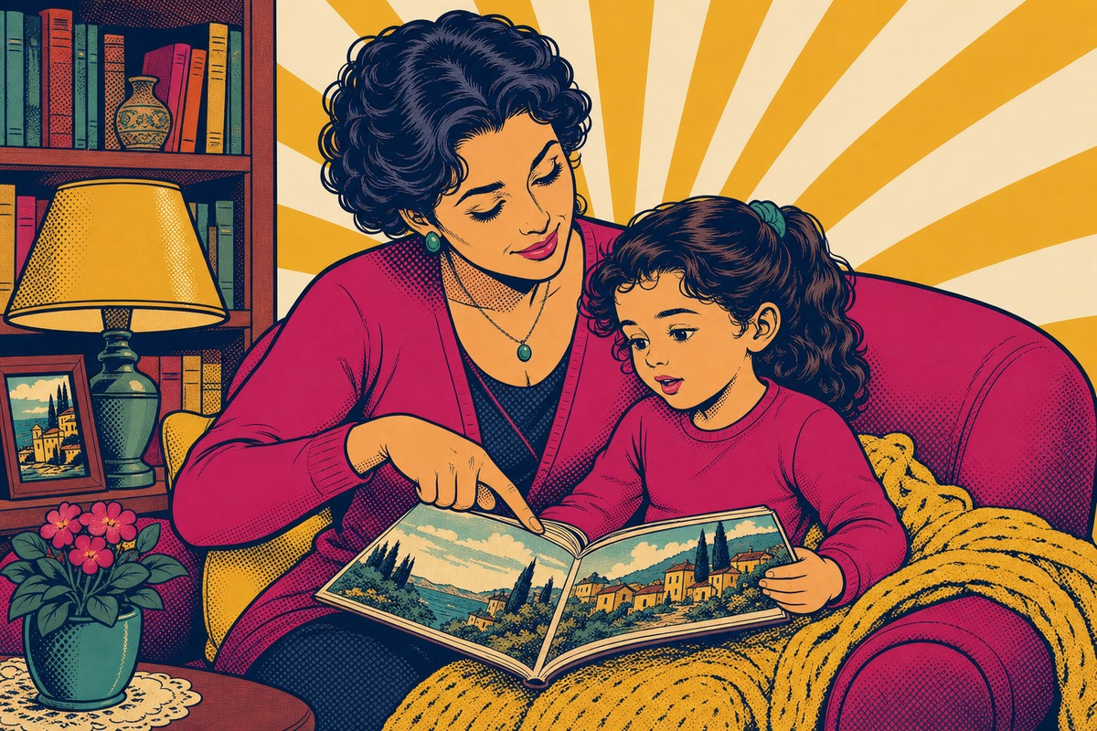 Illustrazione: un genitore legge un libro illustrato al bambino seduto in braccio, indicando insieme le figure