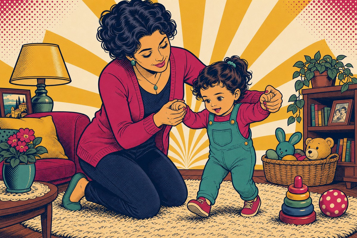 Illustrazione: un bambino muove i primi passi tenuto per le mani da un genitore sorridente
